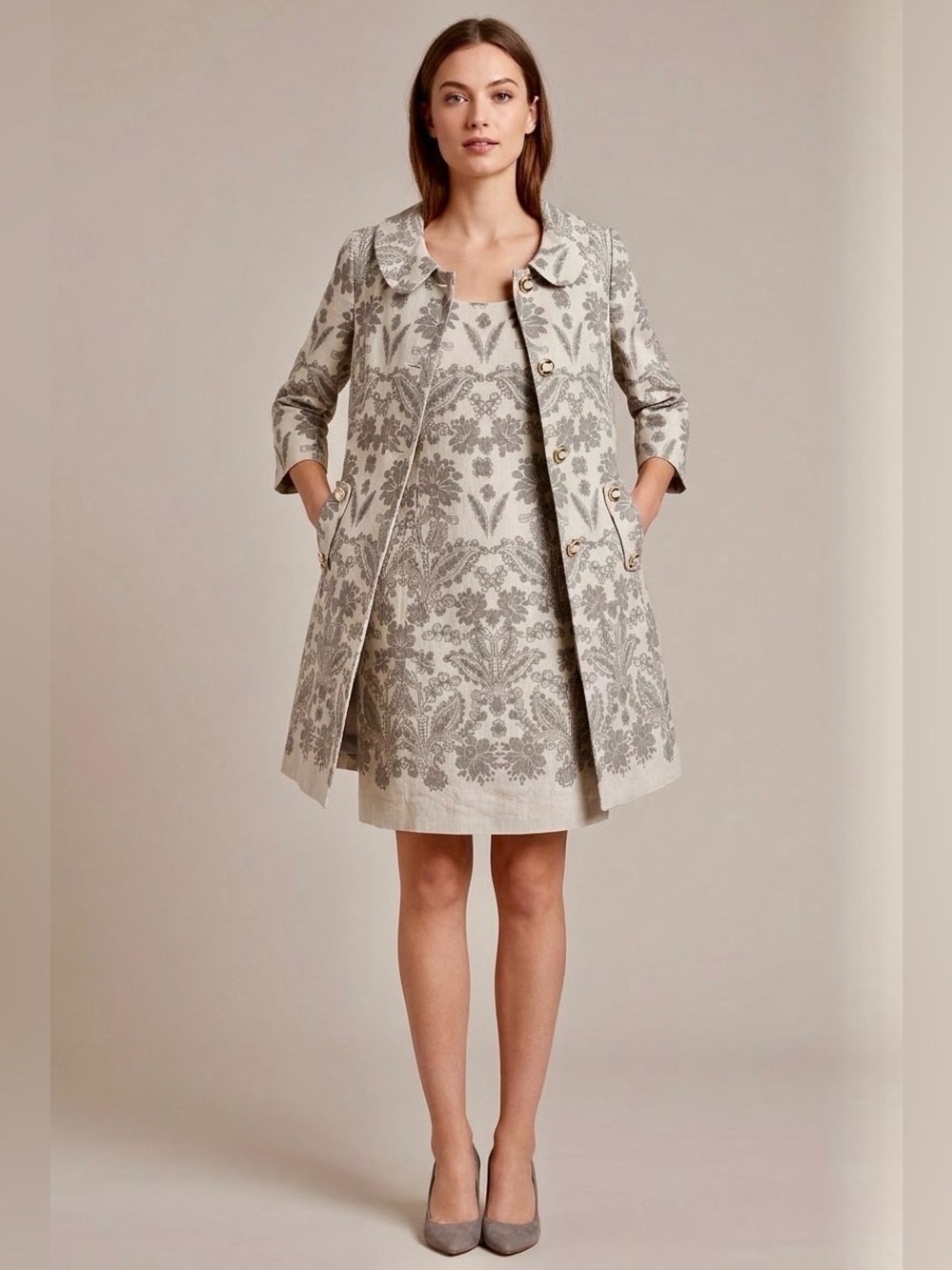 Ann Taylor LOFT Silk Linen Floral Damask Dress Suit Set Gray Beige 12